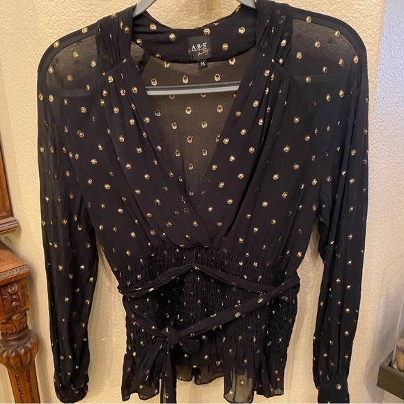 ABS Women Black Sheer Gold Metallic Polka Dot Silk Blend Tie Waist Top-Medium - Picture 2 of 8